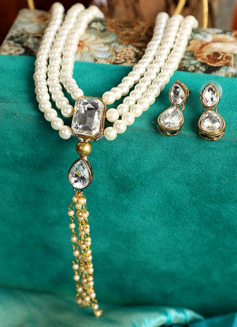 White Stone Pearl Golden Plated Choker Set