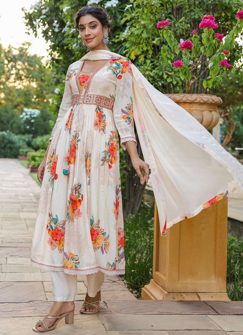 White Straight Pant Suit With Printed Embroidery Party Wear
