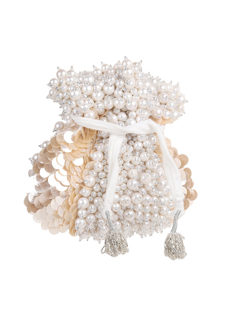 White Suede Beads And Moti Embossed Potli Wedding Wear