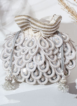White Suede Stones Potli With Cut Dana Work