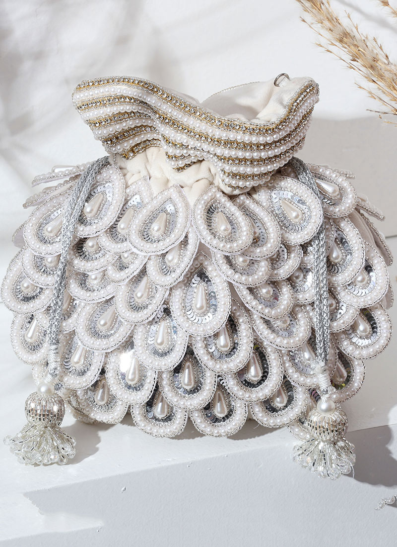 White Suede Stones Potli With Cut Dana Work Party Wear