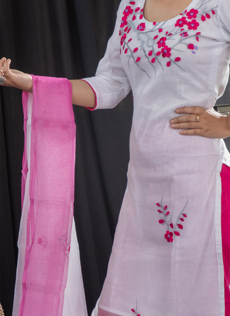 Buy White Cotton Embroidered Straight Pant Suit, Embroidered, straight