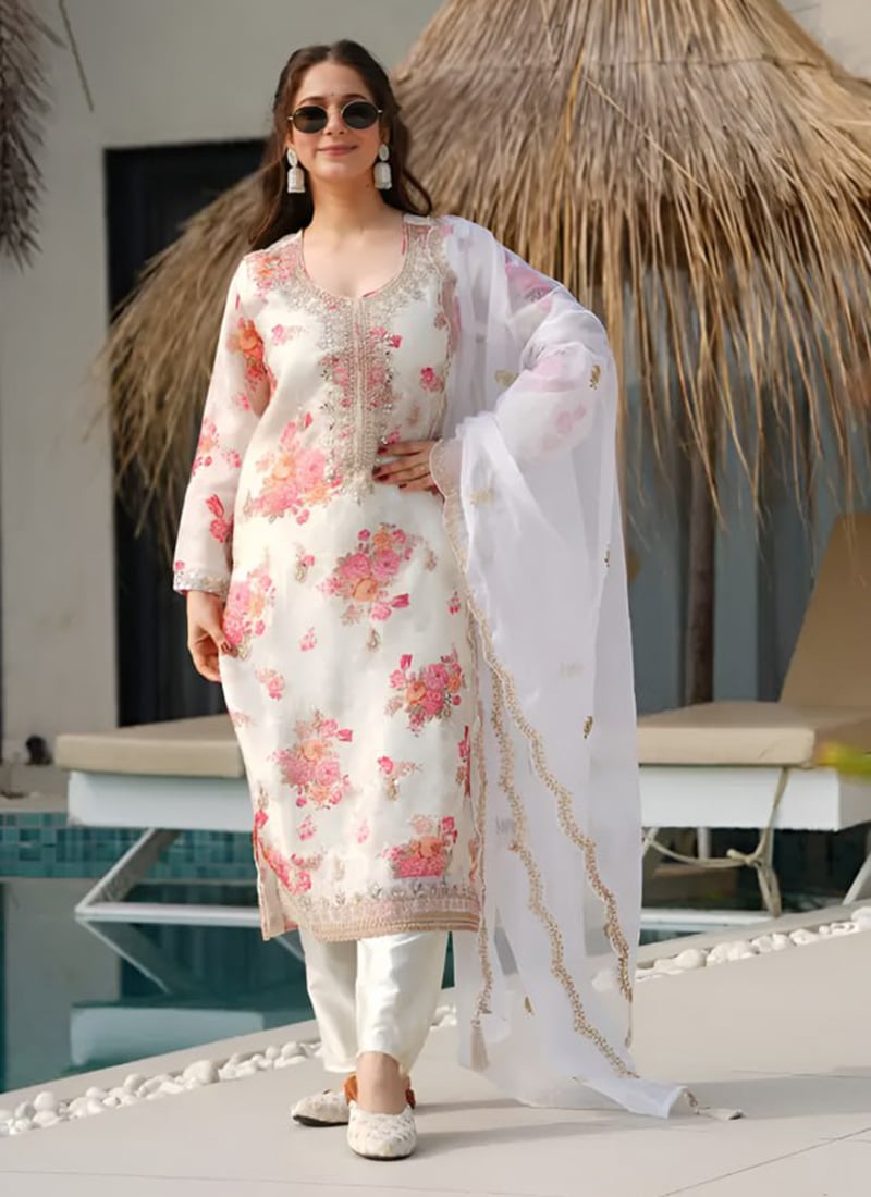 White Tabby Silk Straight Pant Suit With Embroidery Mirror Work And Floral Digital Print Festive Wear
