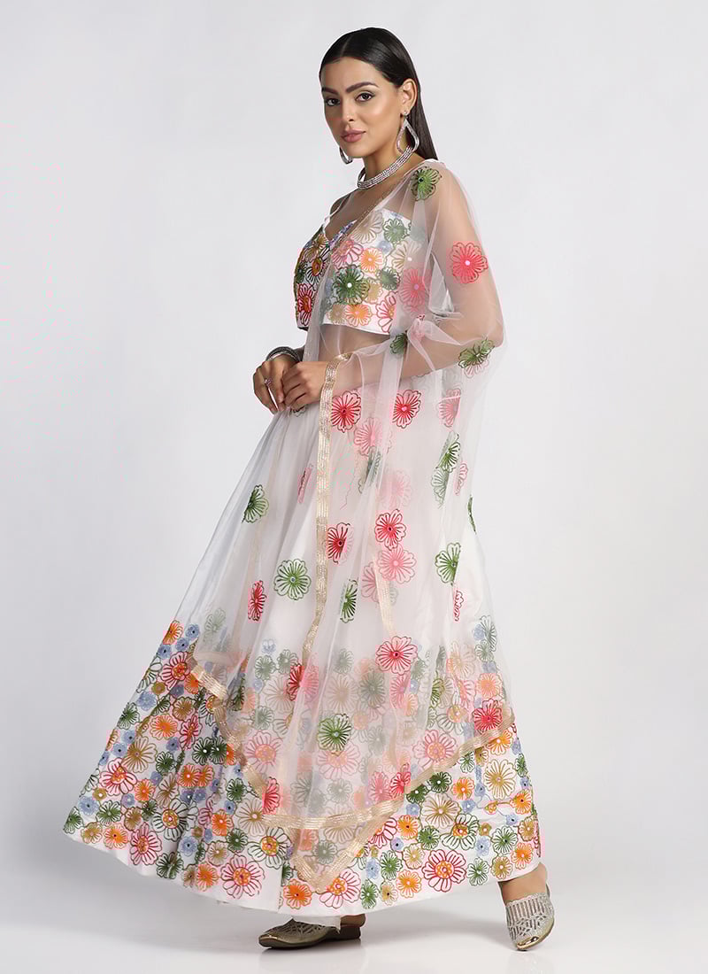 White Taffeta Embroidered A Line Lehenga Party Wear