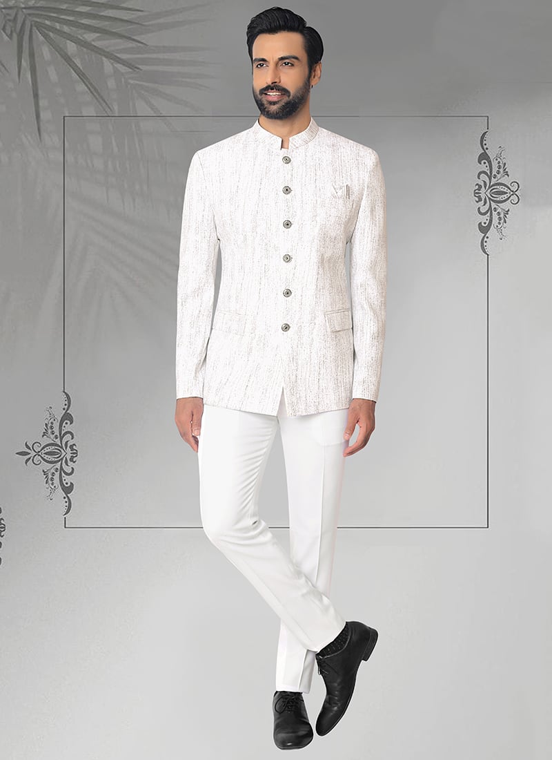 White Terry Rayon Jodhpuri Suit Wedding Wear