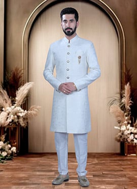 White Terry Rayon Zari Indowestern Sherwani  For Men