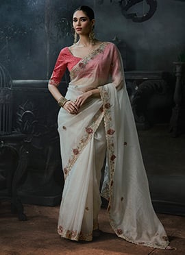 White Tissue Silk Heavy Thread Embroidery Sequins Stone Work Saree