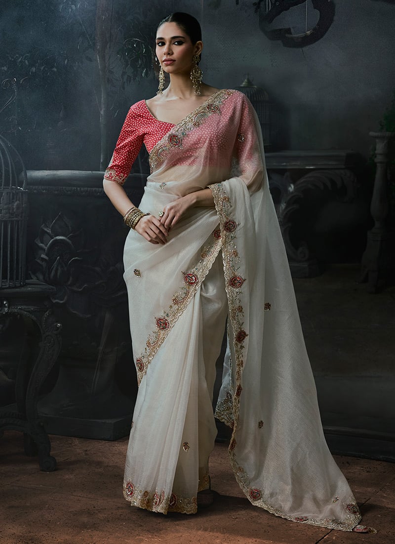 White Tissue Silk Heavy Thread Embroidery Sequins Stone Work Saree Wedding Wear