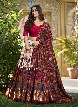 White Tussar Silk Kashmiri Foil Print Lehenga