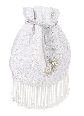 White Velvet Beads And Moti Embossed Potli