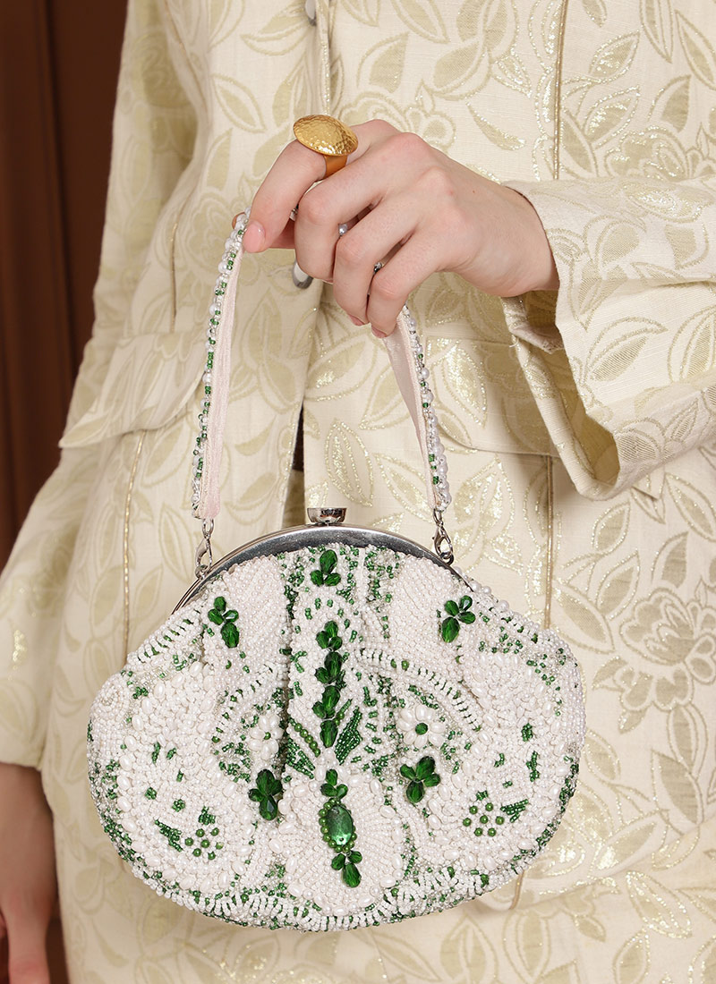 White Velvet Clutch Embossed With Crystal And Beads Party Wear