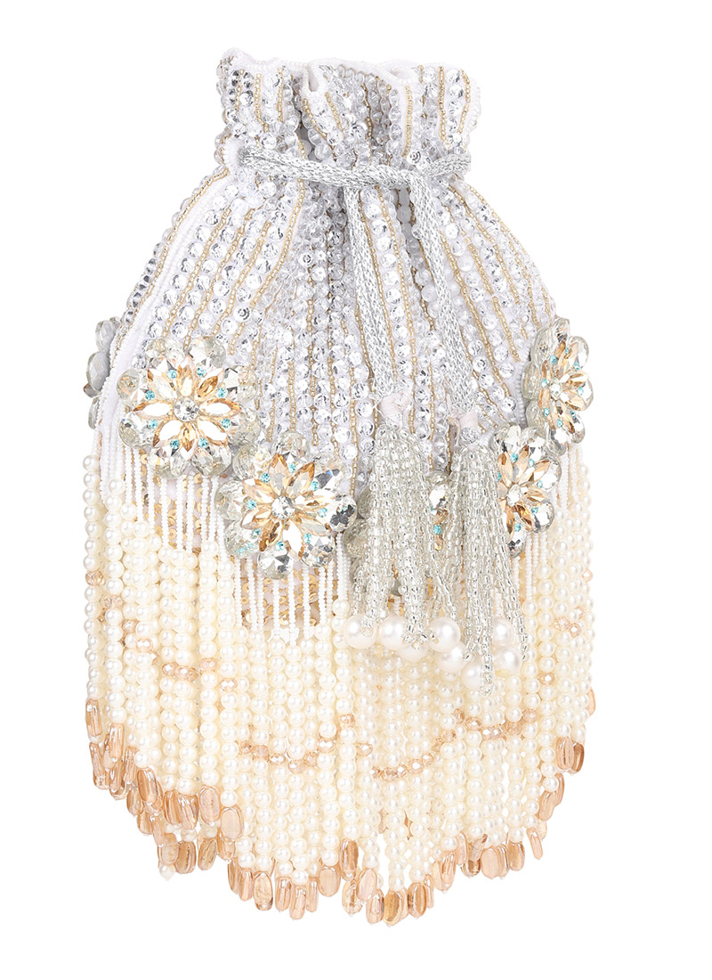 White Velvet Kundan Work Beads And Moti Potli
