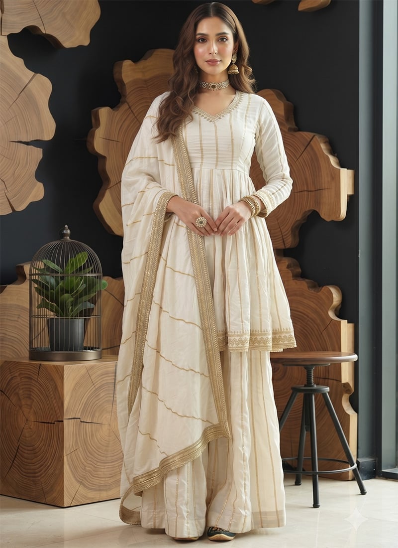 White Vichitra Silk Embroidered Anarkali Palazzo Suit After Six Wear
