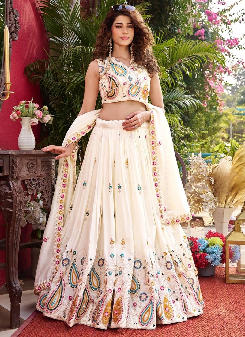 White Vichitra Silk Embroidered Sequins Lehenga Wedding Wear