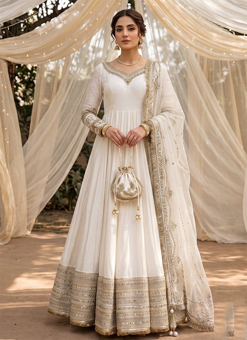 White Vichitra Silk Embroidered Sequins Net Back Neck Anarkali Suit Festive Wear