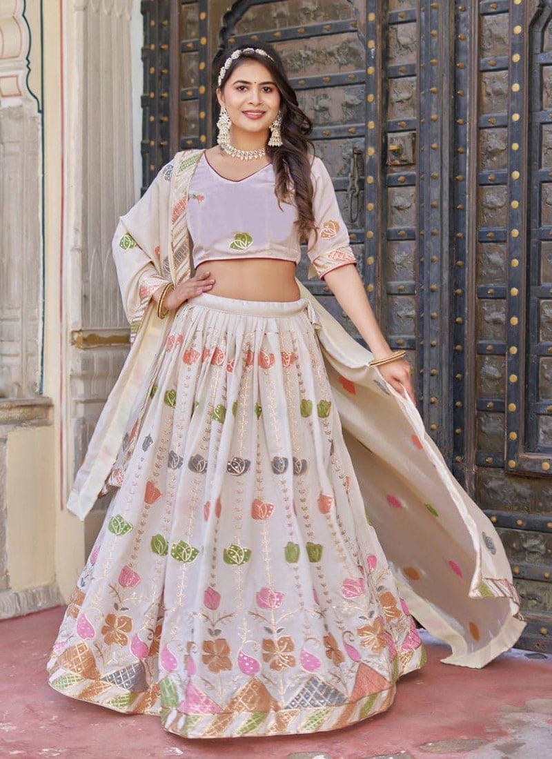 White Vichitra Silk Hand Printed A Line Lehenga Festive Wear