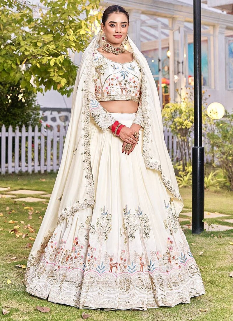White Vichitra Silk Sequins Embroidered Thread A Line Lehenga Wedding Wear