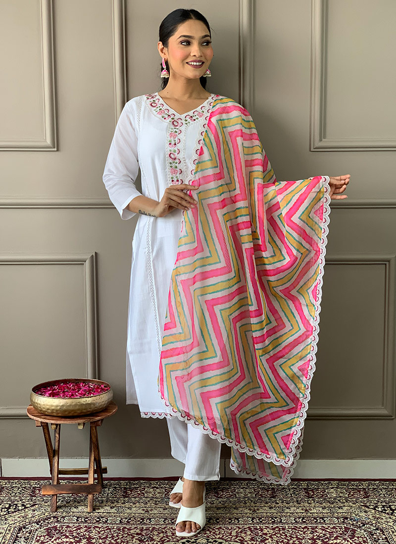 White Viscose Chanderi Embroidered Ravishing Straight Pant Suit Festive Wear