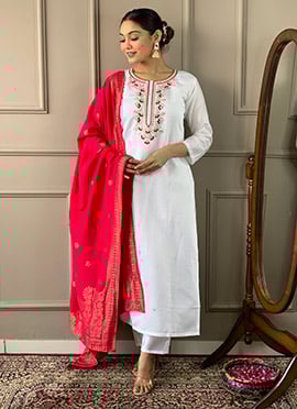 White Viscose Chanderi Embroidered Regal Straight Pant Suit