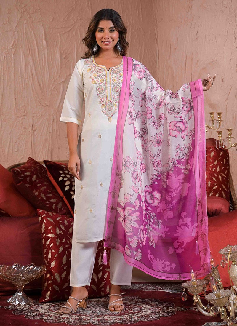 White Viscose Chanderi Embroidered Sequins Straight Pant Suit