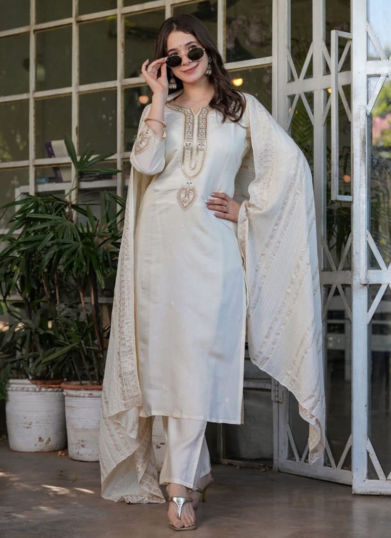 White Viscose Chanderi Embroidered Sequins Straight Pant Suit With Jacquard Dupatta Festive Wear