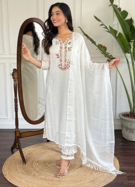 White Viscose Chanderi Embroidered Straight Pant Suit