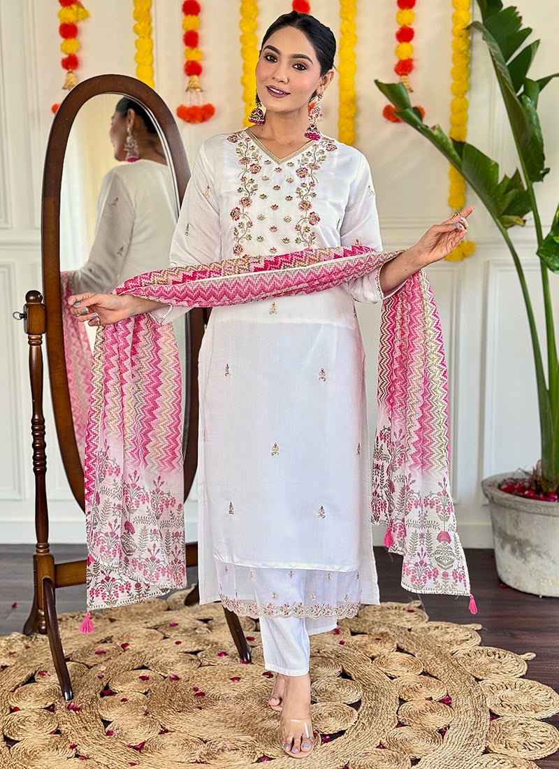 White Viscose Chanderi Embroidered Straight Pant Suit With Print Dupatta After Six Wear