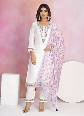 White Viscose Chanderi Embroidered Straight Pant Suit With Printed Dupatta