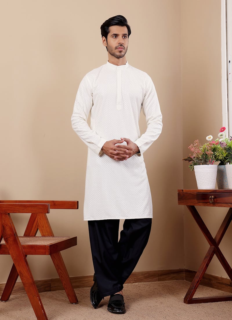 White Viscose Embroidered Chikankari Work Kurta