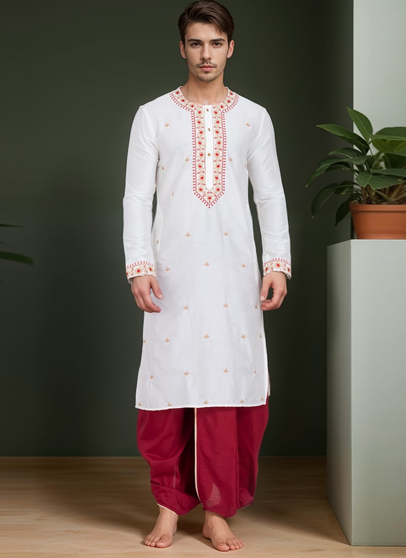 White Viscose Embroidered Dhoti Style Kurta Pyjama For Men Festive Wear