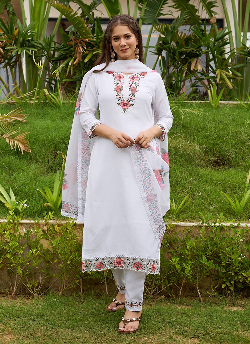 White Viscose Embroidered Digital Print Straight Pant Suit Festive Wear