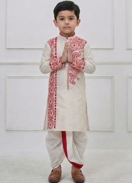 White Viscose Embroidered Kids Boys Dhoti Kurta Pyjama