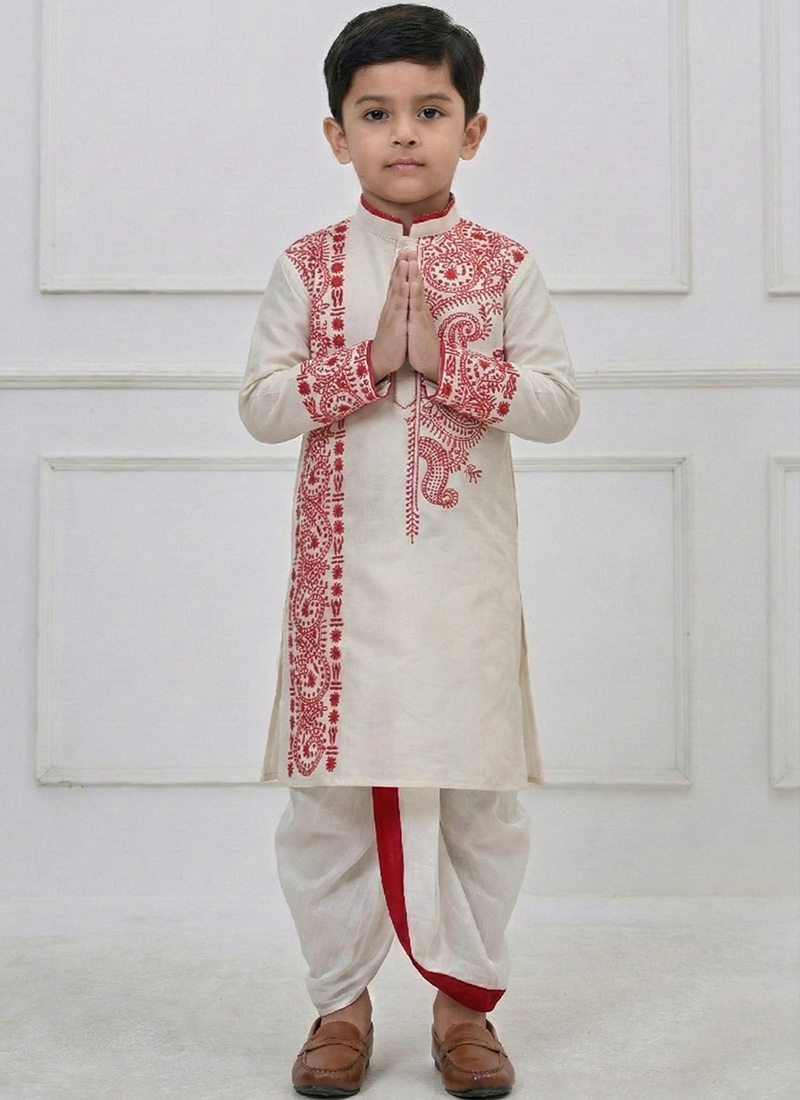 White Viscose Embroidered Kids Boys Dhoti Kurta Pyjama Festive Wear