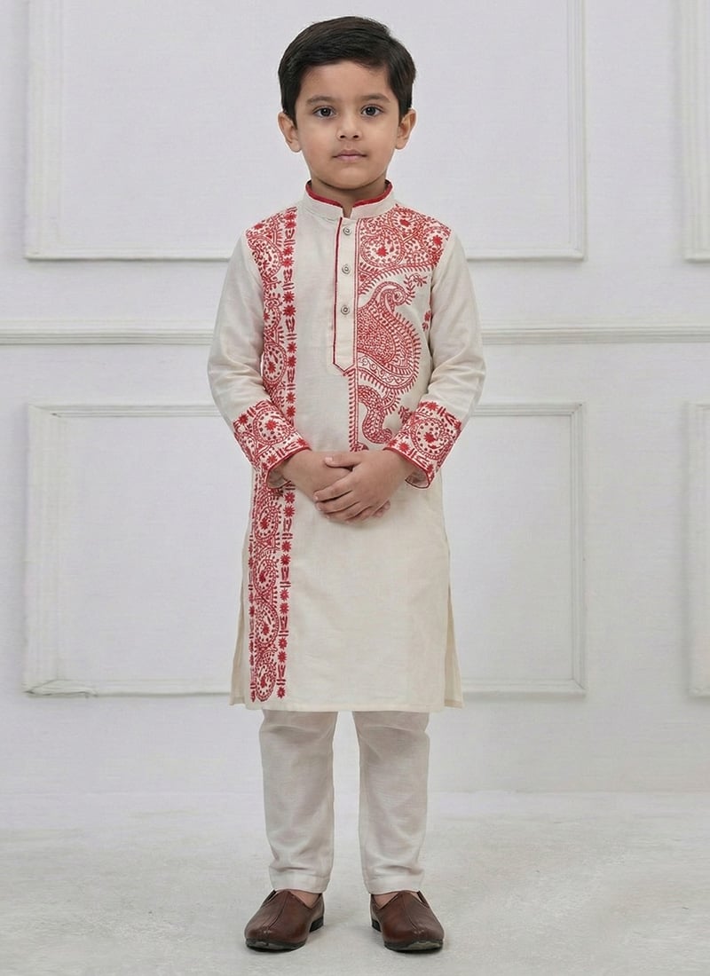 White Viscose Embroidered Kids Boys Kurta Pyjama Festive Wear