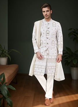 White Viscose Georgette Sequins Classic Sherwani