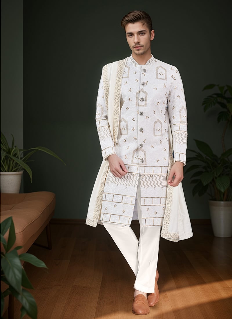 White Viscose Georgette Sequins Classic Sherwani Wedding Wear