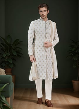 White Viscose Georgette Sequins Classic Sherwani