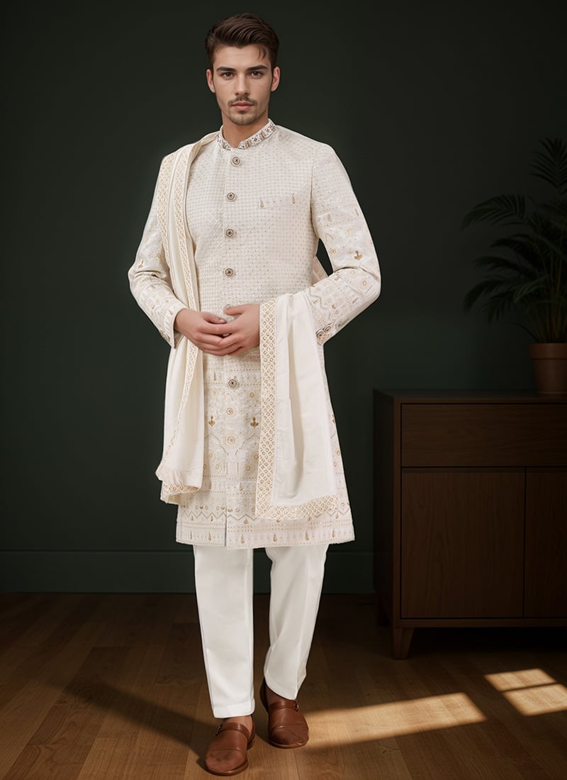 White Viscose Georgette Sequins Classic Sherwani Wedding Wear
