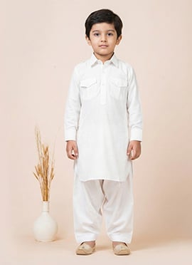 White Viscose Kids Boys Pathani Set