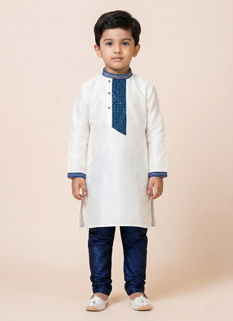 White Viscose Kids Kurta Pyjama Festive Wear