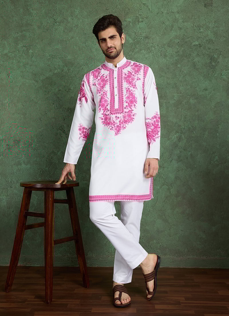 White Viscose Rayon Digital Print Kurta