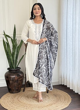 White Viscose Rayon Embroidered Straight Pant Suit With Digital Printed Dupatta