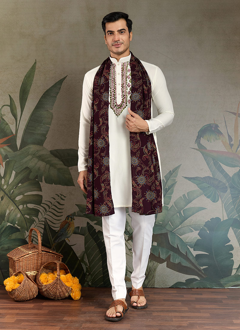 White Viscose Rayon Mirror Work Kurta With Foil Print Stole