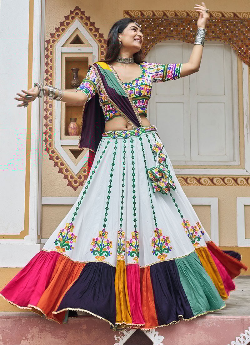 White Viscose Rayon Embroidered Kutch Work Elegant Chaniya Choli Festive Wear-GHSOM2425
