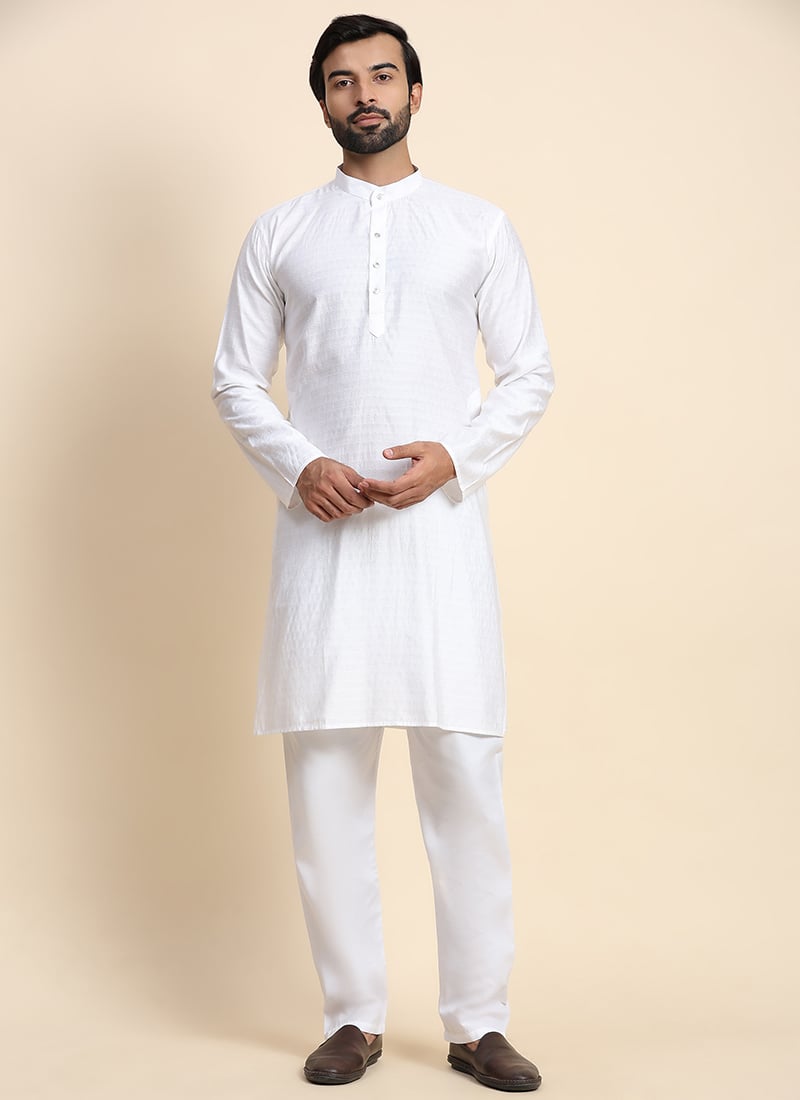 White Viscose Rayon Weaved Kurta