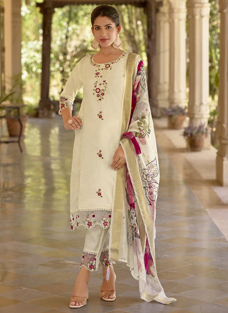 White Viscose Roman Silk Embroidered Sequins Digital Print Straight Pant Suit After Six Wear