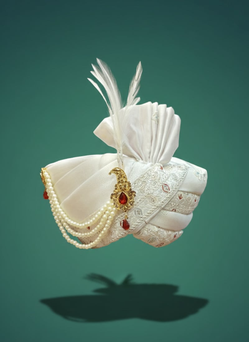 White Viscose Sequins Embroidered Turban With Brooch