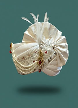 White Viscose Sequins Embroidered Turban With Brooch