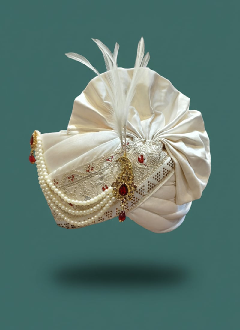 White Viscose Sequins Embroidered Turban With Brooch