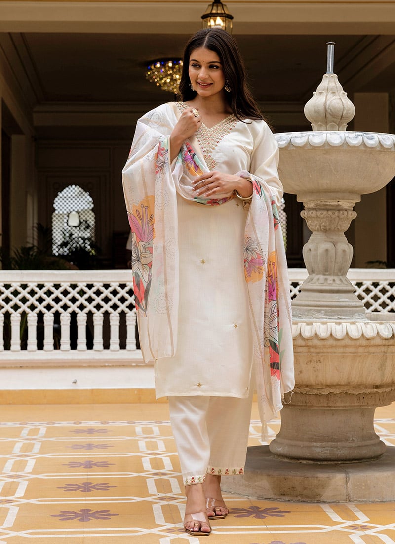 White Viscose Shimmer Embroidered With Beads Work Straight Pant Suit  Festive Wear